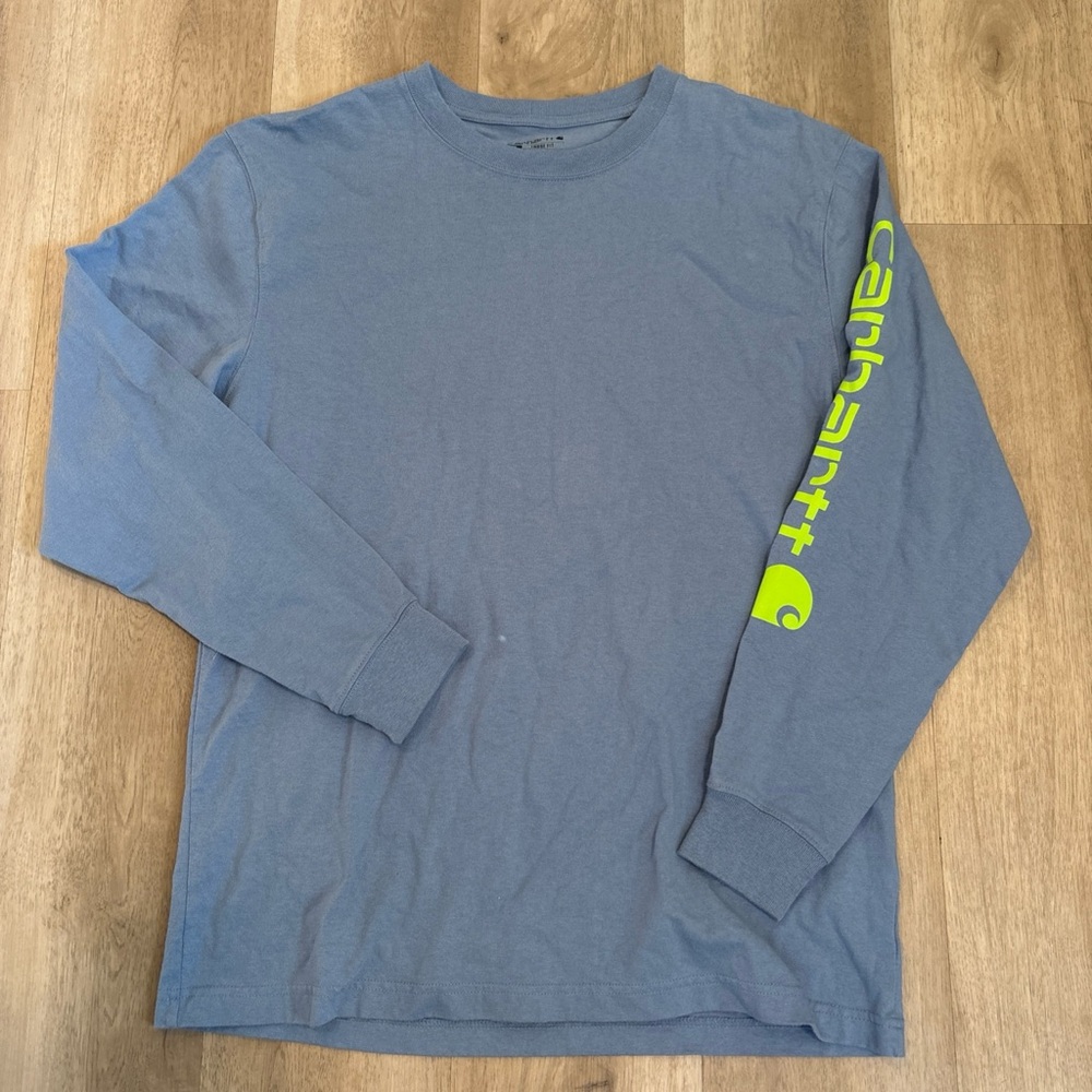 Carhartt Men's Blue Long Sleeve Tee with Neon Green Logo Medium Loose Fit